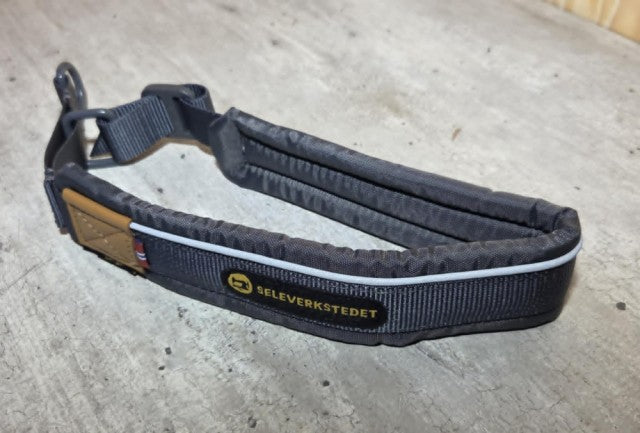 Seleverkstedet half-check dog collar in brown leather with silver hardware.
