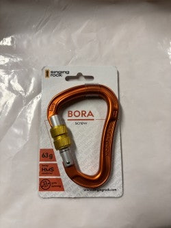 Silver carabiner with a threaded locking gate.