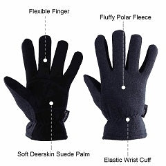 Close-up of warm, insulated winter gloves in a neutral color, likely for outdoor use.