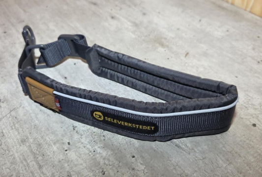 Seleverkstedet half-check dog collar in brown leather with silver hardware.